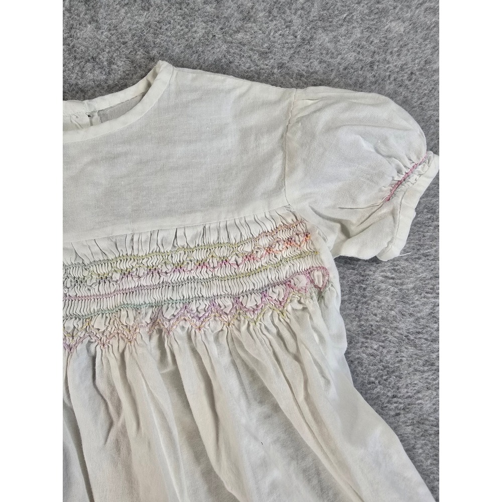 Vintage Hand Smocked Baby Dress White Cotton Pastel Embroidery Short Sleeve 3-6m - Picture 4 of 9